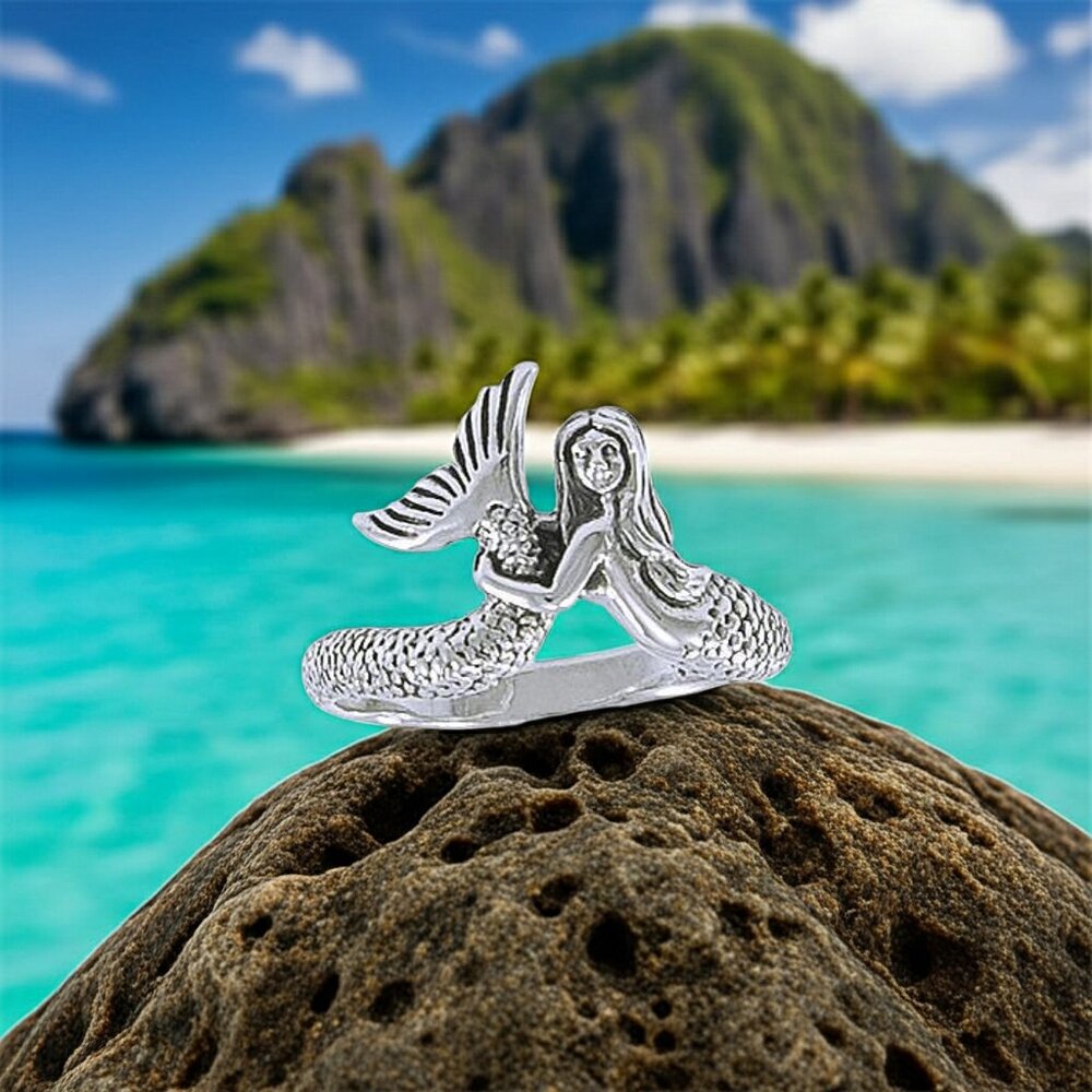 Mermaid Holding Tail Sterling Silver Ring, Sizes 7 and 8